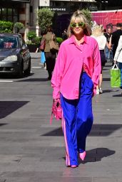 Ashley Roberts in a Bright Pink Oversized Shirt and Silk Blue Joggers - London 06/07/2022