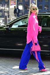 Ashley Roberts in a Bright Pink Oversized Shirt and Silk Blue Joggers - London 06/07/2022