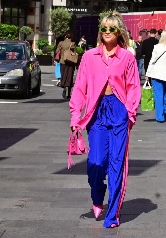 Ashley Roberts in a Bright Pink Oversized Shirt and Silk Blue Joggers ...