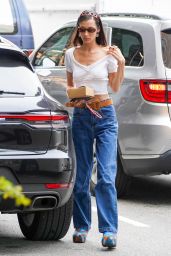 Bella Hadid in a White Crop Top and Denim Trousers - NYC 06/03/2022