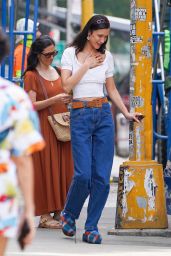 Bella Hadid in a White Crop Top and Denim Trousers - NYC 06/03/2022