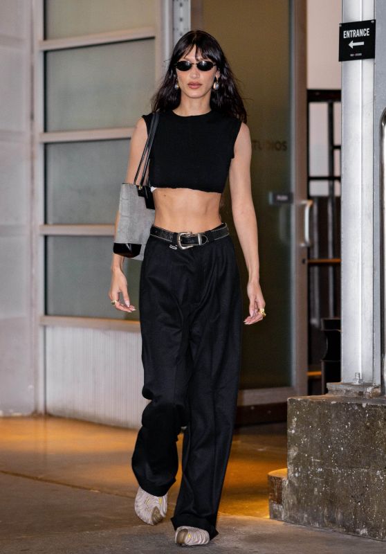Bella Hadid in High Waisted Trousers and a Black Crop Top - New York 06 ...
