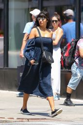 Jameela Jamil in a Blue Off-Shoulder Dress and Slip-on Sneakers and a Black Crossbody Bag - NY 06/24/2022