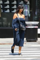 Jameela Jamil in a Blue Off-Shoulder Dress and Slip-on Sneakers and a Black Crossbody Bag - NY 06/24/2022