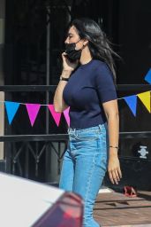 Noor Alfallah in a Blue Sweater and Jeans at Cha Cha Matcha in West Hollywood 06/20/2022