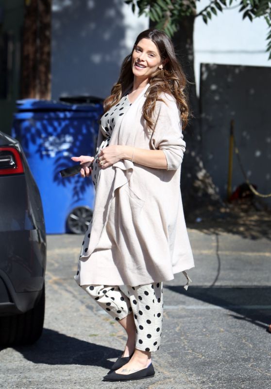 Ashley Greene Wears Polka Dots and a Tan Coat 07/20/2022