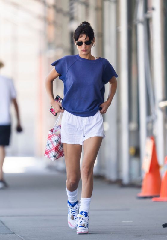 Bella Hadid in White Running Shorts and Sneakers 07/23/2022