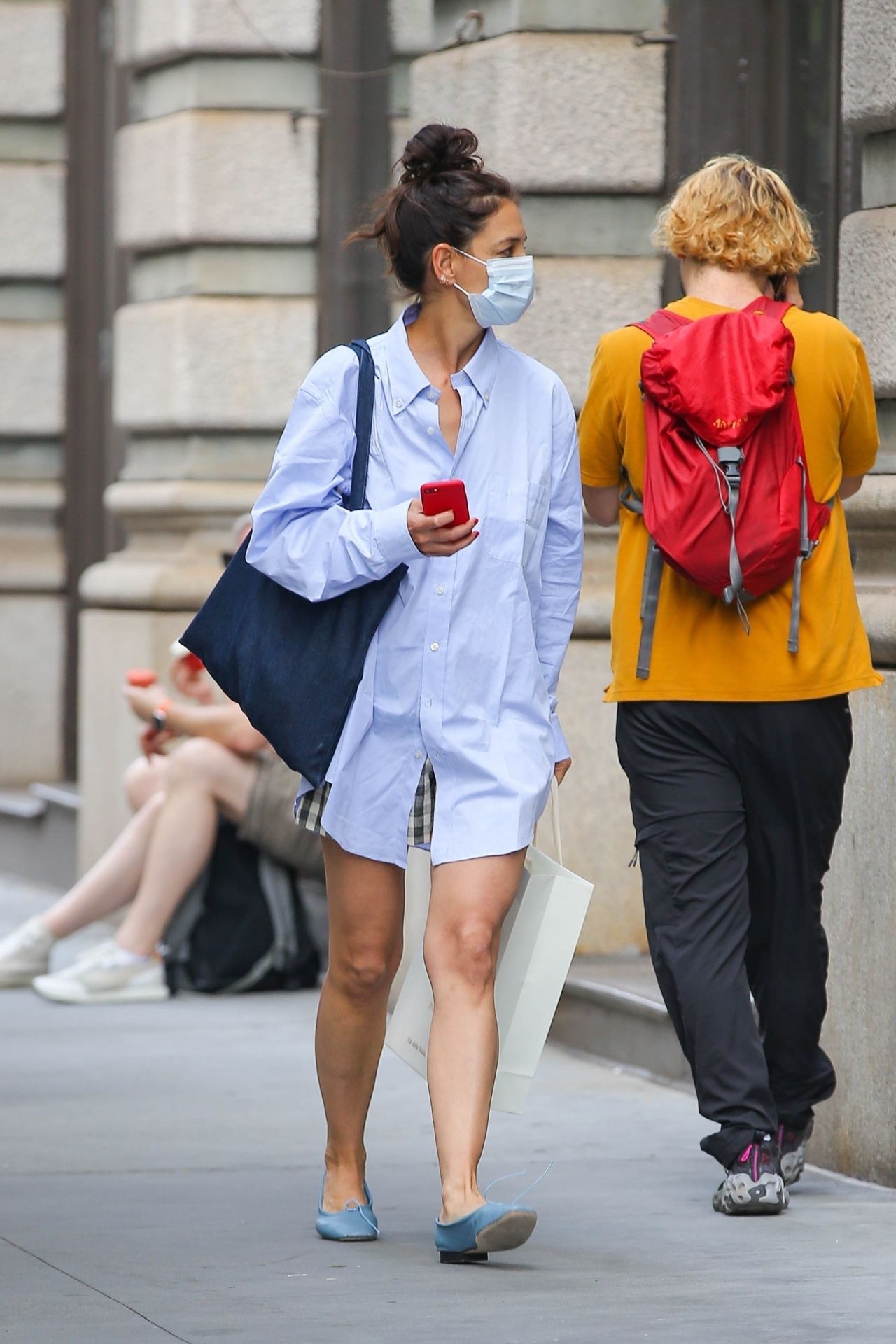 Katie Holmes Wears a Men's Button-up Shirt and Boxers - New York 07/01