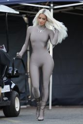 Kim Kardashian Wears a Skin-Tight Steel Colored One Piece Ensemble - Shooting a Commercial in LA 07/01/2022