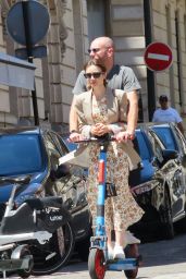 Lily Collins and Charlie McDowell Using an Electric Sharing Scooter in Paris 07/02/2022