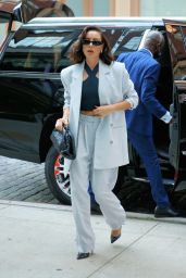 Aubrey Plaza in a Blue Pants Suit and Crop Top - New York 08/08/2022