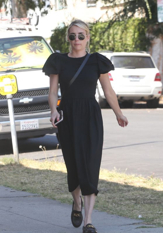 Emma Roberts Wears a Stylish Black Dress and Matching Leather Loafers - Los Angeles 08/17/2022