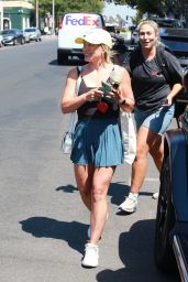 Hilary Duff Wears Tennis Shorts and a Tank Top at Melrose Place in West Hollywood 08/19/2022