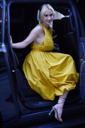 Maria Bakalova Wears a Mustard Yellow Halter Dress in New York 08/03/2022