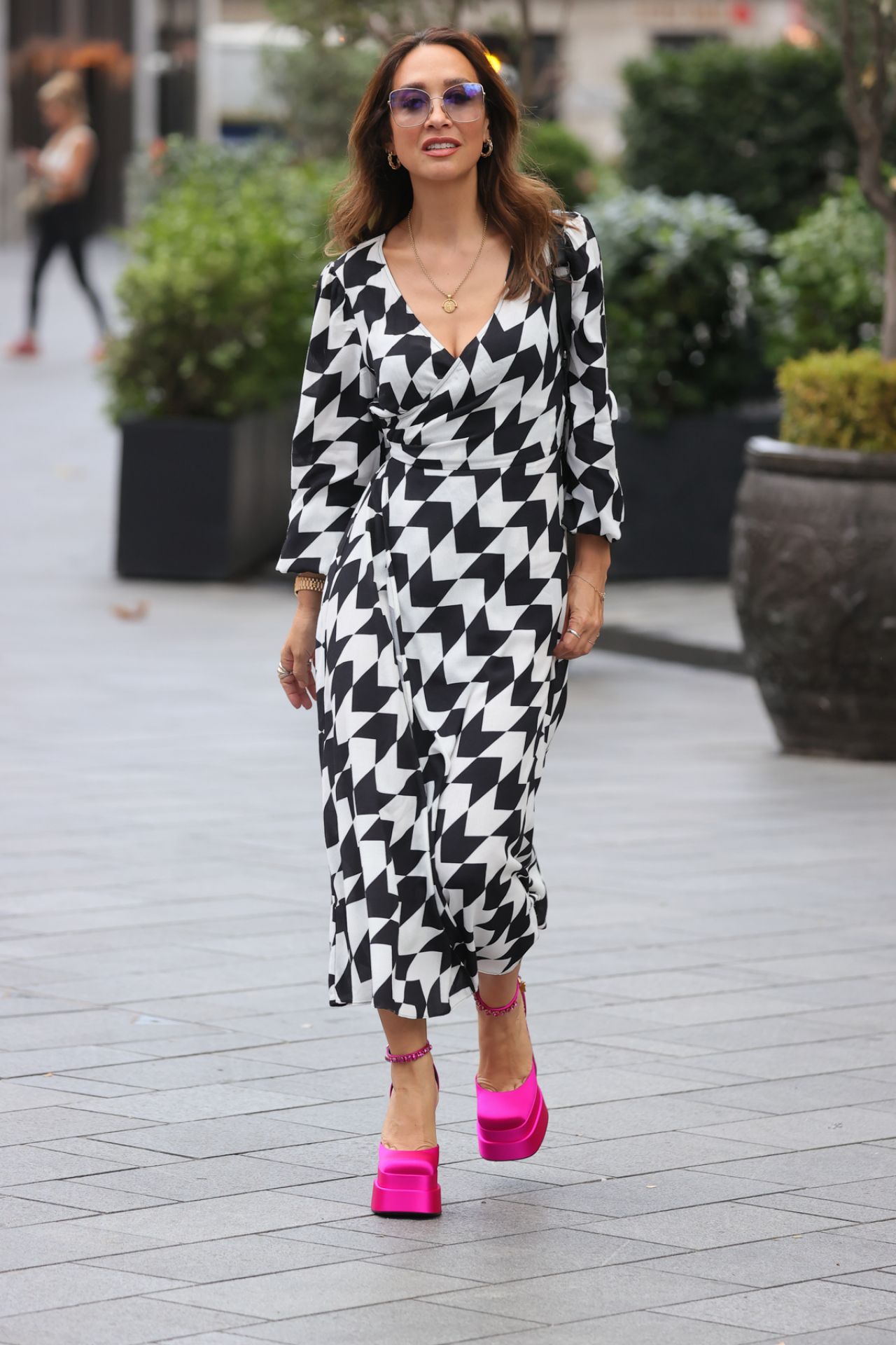 Myleene Klass Wearing a Patterned Dress and Platform Shoes - London 08 ...
