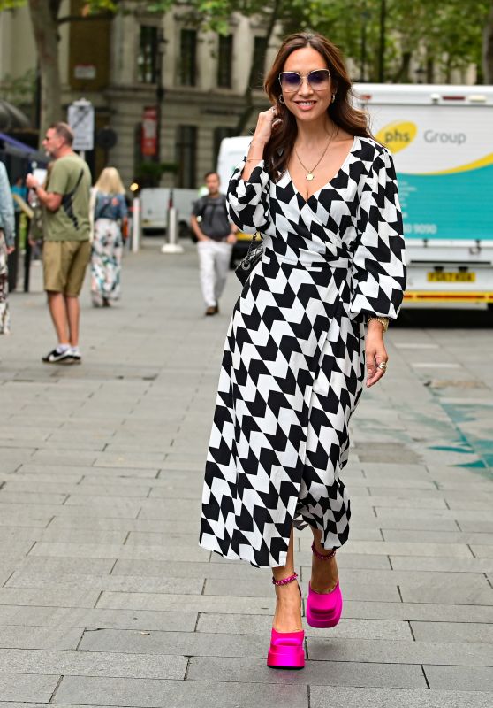 Myleene Klass Wearing a Patterned Dress and Platform Shoes - London 08/18/2022
