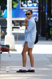 Zoe Kravitz in an Oversized Shirt, Shorts and Tassel Loafers - NYC 08/30/2022