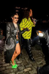 Doja Cat Wears a Leather Coat, Denim Shorts and Furry Green Heels - Vogue Party in New York 09/12/2022