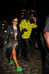 Doja Cat Wears a Leather Coat, Denim Shorts and Furry Green Heels - Vogue Party in New York 09/12/2022