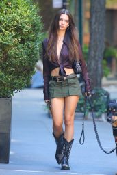 Emily Ratajkowski in a Green Mini Skirt, Brown Shirt and Cowgirl Boots - New York 09/01/2022