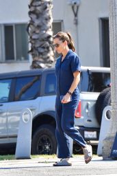 Jennifer Garner Wears a Blue Jumpsuit and Grey Birkenstock Style Sandals - Santa Monica 09/06/2022