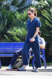 Jennifer Garner Wears a Blue Jumpsuit and Grey Birkenstock Style Sandals - Santa Monica 09/06/2022