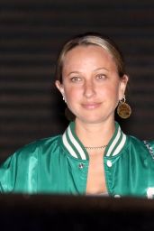 Jennifer Meyer in a Green Varsity Jacket and Distressed Denim at Nobu in Malibu 09/20/2022
