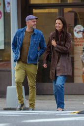 Katie Holmes in a Brown Leather Jacket - New York 09/23/2022