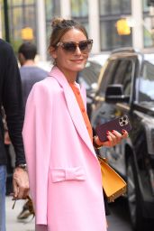 Olivia Palermo Wearing an Orange Suit Dress, Pink Fall Jacket and Yellow Handbag - NYC 09/17/2022
