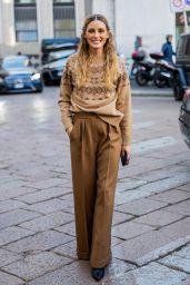 Olivia Palermo Wearing Brown Pants and Sweater Outside Max Mara Show in Milan 09/22/2022