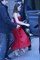Claire Foy Wears a Red Dress and Red Stiletto Shoes paired with a Metallic Silver Ball Handbag - NY 10/10/2022