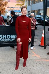 Elizabeth Banks in a Burgundy Dress and Thigh-high Boots - New York 10/26/2022