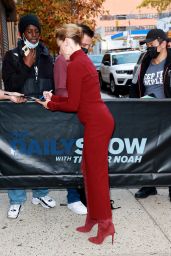 Elizabeth Banks in a Burgundy Dress and Thigh-high Boots - New York 10/26/2022