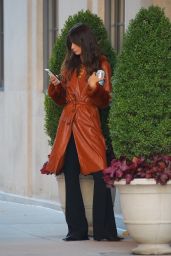 Emily Ratajkowski in a Long Brown Leather Overcoat in NYC 10/14/2022