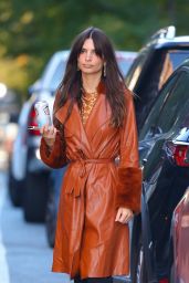 Emily Ratajkowski in a Long Brown Leather Overcoat in NYC 10/14/2022