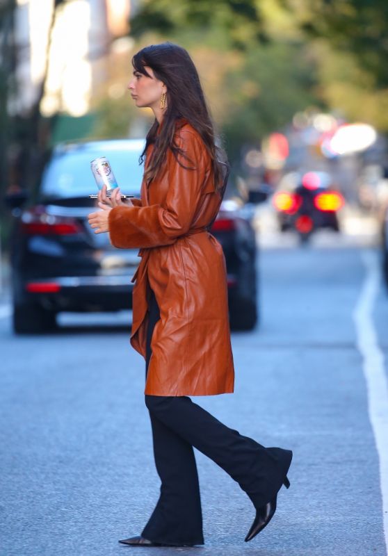 Emily Ratajkowski in a Long Brown Leather Overcoat in NYC 10/14/2022