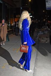 Gigi Hadid in a Blue Velvet Pantsuit and Heels in Manhattan 10/25/2022
