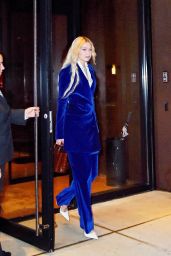 Gigi Hadid in a Blue Velvet Pantsuit and Heels in Manhattan 10/25/2022