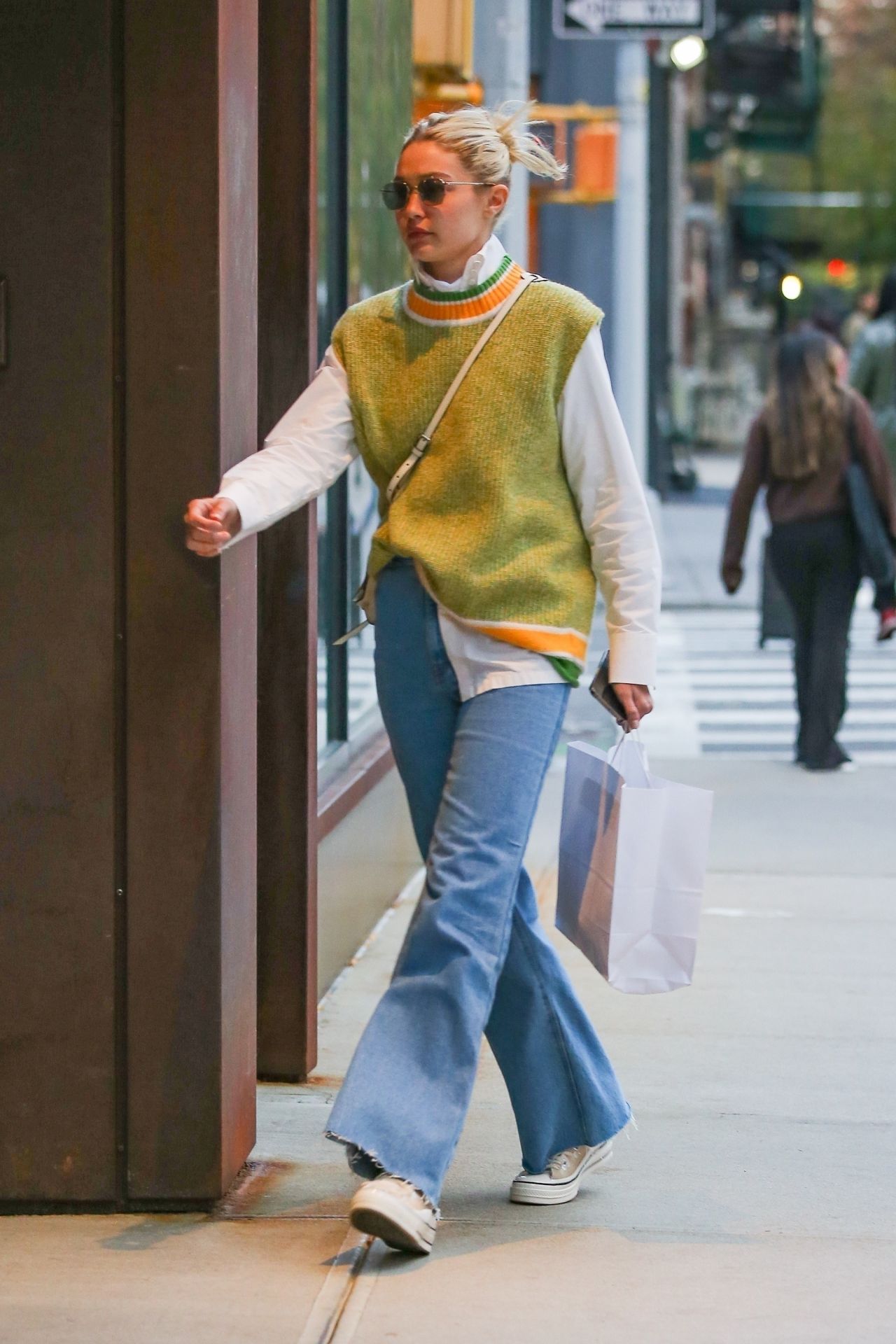 Gigi Hadid in a Green Sweater Vest and Jeans - New York 10/28/2022 ...