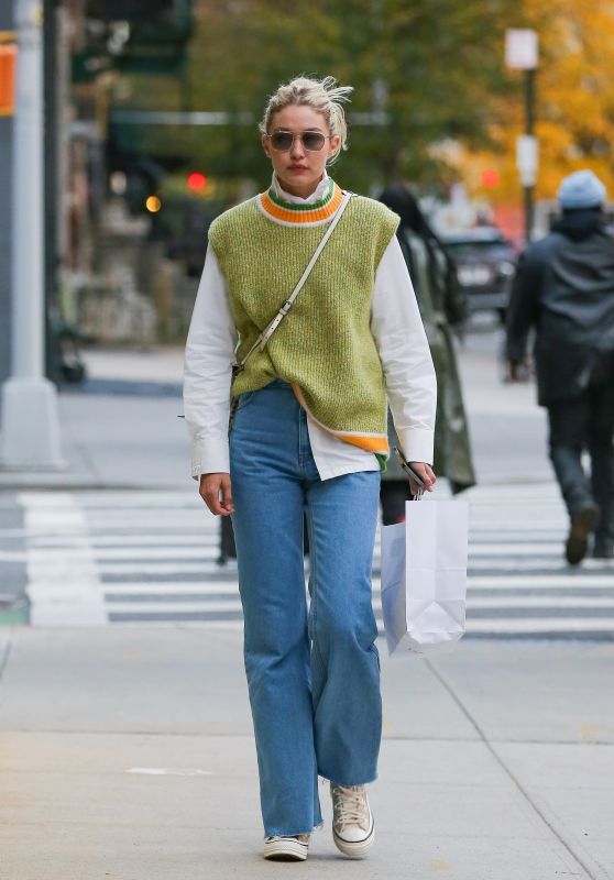 Gigi Hadid in a Green Sweater Vest and Jeans - New York 10/28/2022