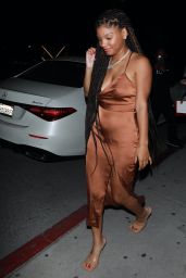 Halle Bailey in a Bronze Dress With Long Braids at Catch Steak LA 10/10/2022