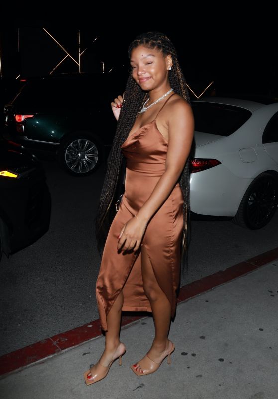 Halle Bailey in a Bronze Dress With Long Braids at Catch Steak LA 10/10/2022