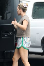 Hilary Duff in Striped Shorts and a Brown T-shirt - Bel Air 10/16/2022