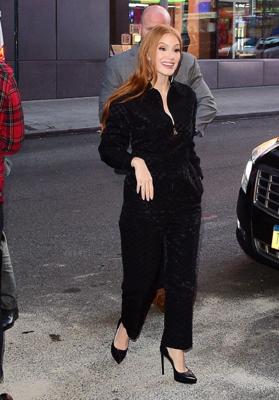Jessica Chastain in a Black Jacquard Gucci Jumpsuit in NYC 10/19/2022