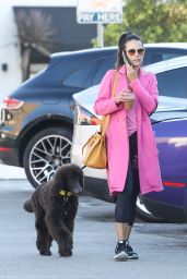 Jordana Brewster Wears a Pink Overcoat and Black Leggings - Pacific Palisades 10/18/2022