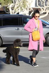 Jordana Brewster Wears a Pink Overcoat and Black Leggings - Pacific Palisades 10/18/2022