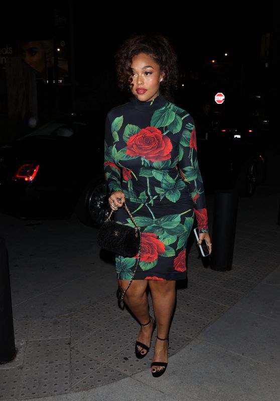 Jordyn Woods in a Rose Patterned Dress at Madeo Restaurant in West Hollywood 10/15/2022