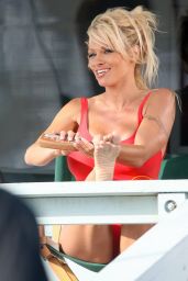 Pamela Anderson in Red Swimsuit on Malibu Beach September 2007