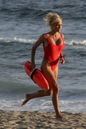 Pamela Anderson in Red Swimsuit on Malibu Beach September 2007