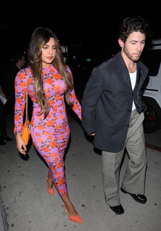 Priyanka Chopra in Floral Patterned Mini Dress With Nick Jonas Out in West Hollywood 10/27/2022